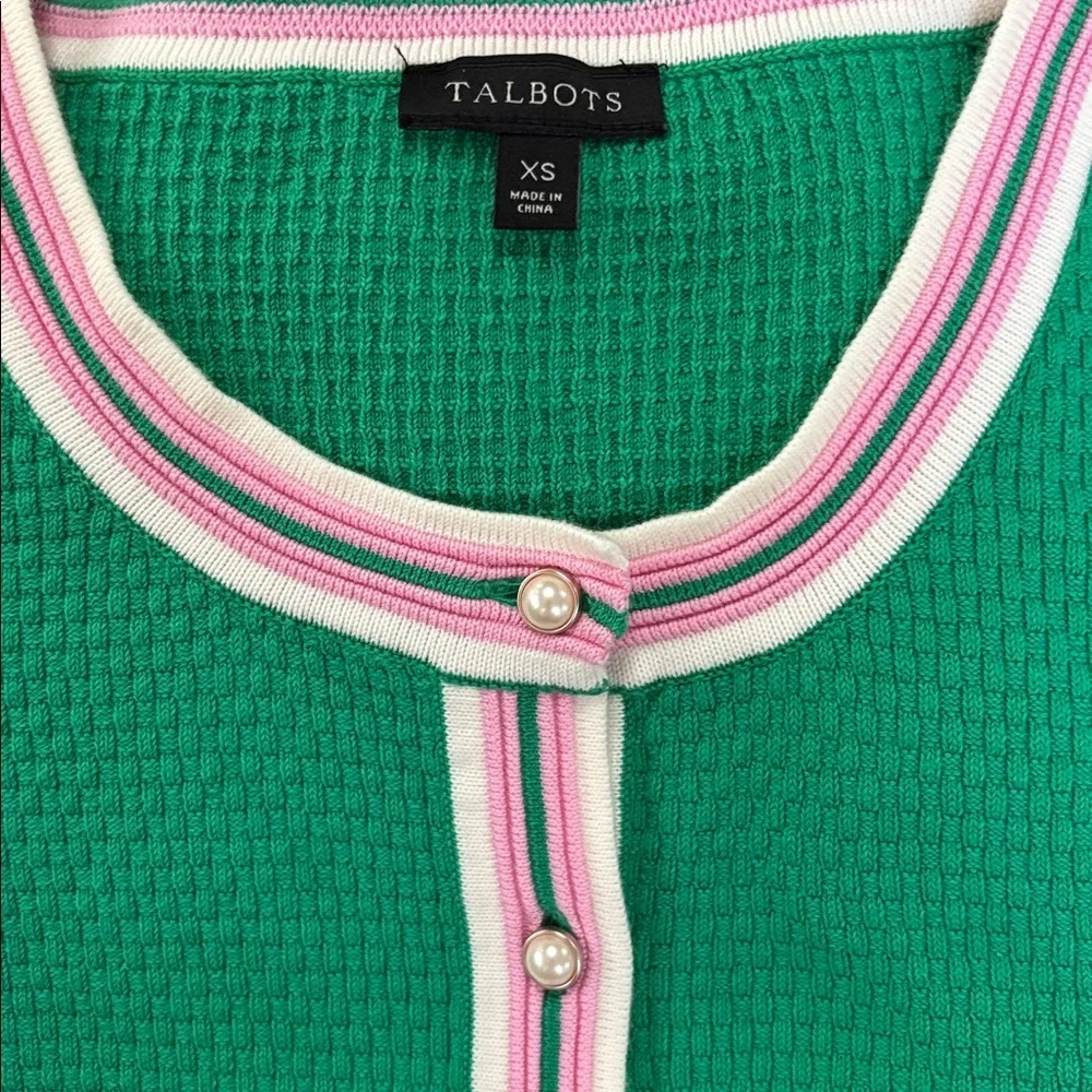 Talbots Green Cardigan with Pink and White Trim XS